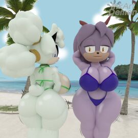 2girls 3d 3d_(artwork) 3d_model 3d_render anthro ass bandicoot beach big_ass big_breasts big_butt bikini black_nose blue_bikini blue_eyes breasts bubble_ass bubble_butt cleavage curvy curvy_figure female female_focus female_only fur furry green_bikini hands_behind_head headwear horn idw_comics idw_publishing inkartistdemon lanolin_the_sheep long_hair looking_back mammal perci_the_bandicoot posing purple_body purple_fur purple_hair purple_skin sand sega sheep sheep_girl sideboob sky smile sonic_(series) sonic_boom sonic_the_hedgehog_(comics) sonic_the_hedgehog_(idw) sonic_the_hedgehog_(series) tail thick_ass thick_legs thick_thighs thighhighs thighs video_games white_body white_fur white_hair white_skin wide_hips wool wool_(fur) yellow_eyes