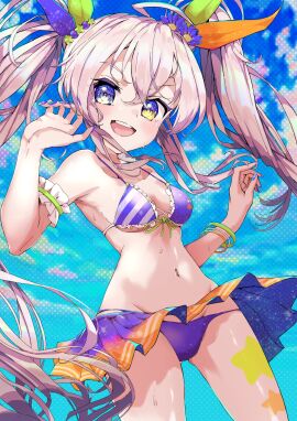 breasts d4dj dripping dyna_(artist) female flower_in_hair heterochromia ichihoshi_lumina long_hair robot_girl skirt small_breasts stars swimsuit water