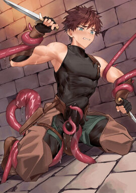 1boy abs anal anal_insertion anal_sex armpits arms_up assless_chaps balls balls_under_clothes belly_bulge biceps big_bulge blue_eyes blush bodysuit bondage brick_floor brick_wall brown_hair bulge bulge_through_clothing clenched_teeth dagger dual_wielding duo erection erection_under_clothes eyelashes fingerless_gloves full_body gauntlets gay genital_outline gloves handjob hi_res holding_penis holding_weapon inflated_belly kneeling male male_only male_penetrated male_rape_victim mature_male monster mucus muscles muscular muscular_arms muscular_male nayoshi_(r-744) original original_character pecs penis precum precum_bubble precum_through_clothing raped_by_monster restrained restrained_arms restrained_legs restrained_wrists scar scar_on_arm sex short_hair shorts sleeveless spread_legs straps struggling sweat sweatdrop tentacle tentacle_around_arm tentacle_around_leg tentacle_around_penis tentacle_bondage tentacle_on_male tentacle_penetration tentacle_rape tight_clothing torn_clothes tough_guy trapped triceps wince yaoi young