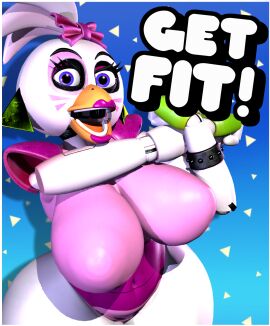 3d 3d_(artwork) artstyle_imitation ass big_breasts breasts canonical_scene chickenchicalover clothed clothed_female female female_only five_nights_at_freddy's five_nights_at_freddy's:_security_breach glamrock_chica_(fnaf) huge_ass huge_breasts poster recreation robot robot_girl sideass solo style_parody teasing