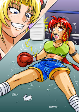 2girls ayane's_high_kick ayane_mitsui belly belly_punch big_breasts blonde_hair boxing_gloves boxing_ring breasts colored crying crying_with_eyes_open doujin doujinshi duo female female_focus female_only fight fighting_ring fist gloves large_boobs large_breasts multiple_females multiple_girls red_boxing_gloves red_eyes red_gloves red_hair ryona sakurako_miyagawa saliva saliva_drip saliva_string saliva_trail tears tears_of_pain