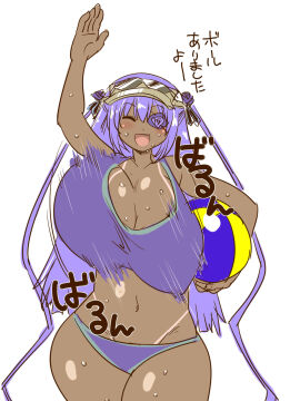 1girls alternate_breast_size arm_up barasuishou beach_ball blush bouncing_breasts breasts eyepatch female flower_eyepatch front_view huge_breasts itini-sanshi japanese_text jiggling_breasts open_mouth purple_hair rozen_maiden smile solo tan_body tan_lines tan_skin white_background wide_hips