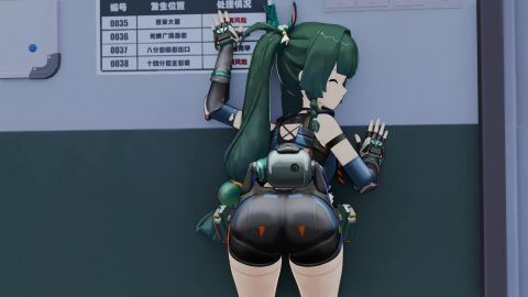 10_seconds ass_clapping ass_focus ass_shake big_ass blender_(software) blender_eevee green_hair hoyoverse looking_back police qingyi_(zenless_zone_zero) shaking_ass smiling_at_viewer tagme twerking twintails video zenless_zone_zero