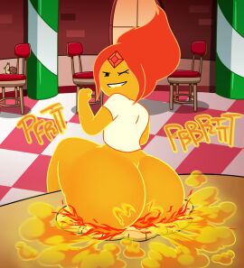 1girls 2d 2d_(artwork) adventure_time ass big_ass big_butt biting_lip bottomless cartoon_network fart fart_cloud fart_fetish farting fat_ass fat_butt female flame_princess huge_ass huge_butt looking_at_viewer looking_back looking_back_at_viewer onomatopoeia orange_skin pizza rear_view red_hair sitting_on_food snail_(adventure_time) solo solo_focus text thick_ass thick_butt thomzone warner_brothers