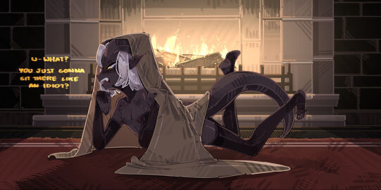 1girls annoyed armwear blanket breasts commission dialogue dungeons_and_dragons fangs female fingerless_gloves fireplace horns inviting legwear long_gloves looking_at_another mostly_nude open_mouth partially_clothed petite pointy_ears short_hair shuuko small_breasts solo stirrup_legwear tail text thighhighs tiefling toeless_legwear topless vigil_nightwarden white_hair yellow_eyes