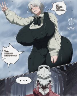 1boy ababachenchen big_breasts breasts chainsaw_man fakesaw_man_(chainsaw_man) fami_(chainsaw_man) female grey grey_eyes instant_loss male nah_id_win short_hair spanish_text speech_bubble white-haired_female