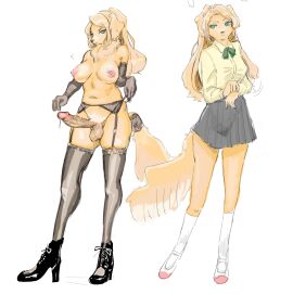 anthro areola balls big_penis biped bird_dog blonde_hair blue_eyes bodily_fluids bottomwear breasts canid canine canis clothed clothing domestic_dog erection fingers floppy_ears footwear fur futanari genital_fluids genitals glans golden_retriever hair haru_shogun hi_res high_heels humanoid_genitalia humanoid_penis hunting_dog intersex mammal nipples penis precum retriever shoes simple_background skirt solo tail vein veiny_penis white_background