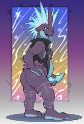 absurd_res anthro blue_body boner bottomwear clothed clothing dreiker erection fishnet_clothing fishnet_legwear generation_8_pokemon genitals hair hand_on_hip hand_on_penis hi_res legwear low_key_toxtricity luke_(luuklookyt) lying male male_only mostly_nude multicolored_body nintendo partially_clothed penis pokemon pokemon_(species) pose pseudo_hair purple_body solo standing striped_legs stripes tongue tongue_out topwear toxtricity vest