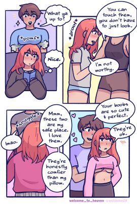 1boy 1girls big_breasts blush breast_awe breast_pillow breast_worship breasts breasts_on_head brown_hair cupping_breasts deadpan drooling face_in_breasts female fondling_breast fondling_breasts from_behind fully_clothed ginger_hair hands_on_breasts head_on_breasts hearts_around_head holding_breast looking_at_breasts male male_boobs male_breasts male_with_breasts no_bra no_pants orange_hair partially_clothed small_breast_adoration small_breasts snuggling sparkles staring_at_breasts tank_top trans_man transgender_male transmasc uninterested welcome_to_heaven wholesome