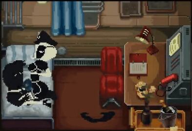 1boy 1girls 2d animated beholder_(game) blonde_hair conductor cowgirl_position female game_cg gif lingerie male michelle_(beholder) michelle_shimanskaya pixel_animation pixel_art sex stockings white_eyes