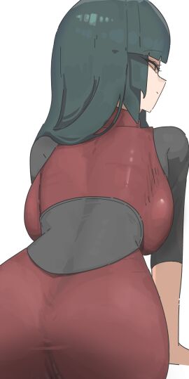 1girls arm_support ass ass_focus azz0422 back black_sash blunt_bangs breasts clothed female from_behind fully_clothed green_hair highres large_breasts long_hair nintendo pencil_skirt pokemon pokemon_lgpe sabrina_(pokemon) sabrina_(pokemon_lgpe) sash skirt solo straight_hair three-quarter_sleeves upper_body