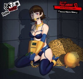 1girls ankle_cuffs ball_and_chain ball_and_chain_restraint ball_gag blue_bra blue_lingerie blue_panties bondage bra breasts brown_hair coins collar crown_braid dollar_bills earrings elbow_gloves female gag gagged garter_belt garter_straps gloves high_heels kneeling lingerie looking_at_viewer makoto_niijima medium_breasts metal_cuffs money panties persona persona_5 piggy_bank red_eyes short_hair slave starlitewarrior thighhighs
