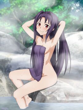 1girls absurd_res ahoge armpits arms_behind_head arms_up artist_name bare_shoulders blush breasts closed_mouth collarbone detailed_background facing_viewer female female_only full_body hips konno_yuuki light-skinned_female light_skin long_hair looking_at_viewer mysteryctu nude onsen open_eyes posing purple_hair red_eyes shaded sideboob sitting smile solo solo_female sword_art_online thick_thighs thighs towel water wet_body