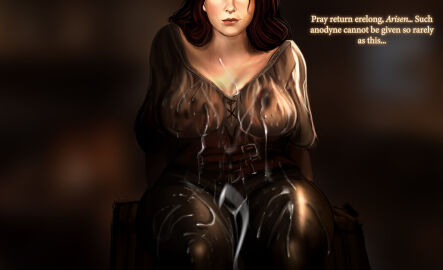 2d 2d_(artwork) breasts cum_on_body cum_on_breasts cum_on_chest cum_on_clothes cum_on_lower_body cum_on_upper_body cum_soaked dragon's_dogma dragon's_dogma_2 english_text eyes_out_of_frame female leather_pants light-skinned_female light_skin nipples_visible_through_clothing ulrika_(dragon's_dogma)