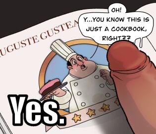 animate_inanimate artist_request auguste_gusteau book cake chef_hat english_text fat_male gay humor illustration male male_only penis ratatouille surprised tagme text