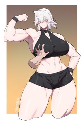 1girls abs absurd_res anger_vein angry angry_face artist_name breasts dalen_zeal female flexing grabbing_breasts groping hi_res huge_breasts muscular muscular_female navel original red_eyes simple_background solo sports_bra thick_eyebrows thick_thighs variant_set watermark white_hair zealadair