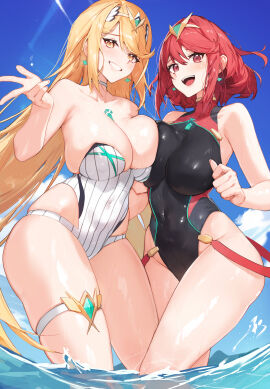 2girls absurdres bare_shoulders black_one-piece_swimsuit blonde_hair blue_sky blush breast_press breasts chest_jewel cloud core_crystal core_crystal_(xenoblade) covered_navel day drop_earrings earrings female gem grin headpiece highres jewelry large_breasts long_hair looking_at_viewer multiple_females multiple_girls mythra one-piece_swimsuit open_mouth outdoors partially_submerged pyra red_eyes red_hair ribbed_swimsuit short_hair sky smile standing strapless strapless_one-piece_swimsuit striped_clothes striped_one-piece_swimsuit swept_bangs swimsuit symmetrical_docking teeth thigh_strap tiara tunamayo_(dsasd751) vertical-striped_clothes vertical-striped_one-piece_swimsuit wading water wet xenoblade_(series) xenoblade_chronicles_2 yellow_eyes