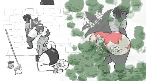 2024 american_opossum anthro black_bottomwear black_clothing black_pants bottomwear brick_wall broom bucket canid canine cleaning_tool clothing clothing_transformation container duo fart fart_fetish fart_sniffing hair hi_res male male/male mammal marsupial ollie_(possumassss) pants permanent permanent_transformation red_hair size_difference small_dom_big_sub sniffing sniffing_clothes spiral_eyes tail tail_motion tailwag transformation underwear underwear_sniffing underwear_transformation wacko_kako wall_(structure)