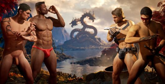 3d 3d_(artwork) 3d_model 3humans 4boys dark-skinned_male dark_skin flaccid flaccid_penis foreskin jax_briggs kenshi_takahashi kurtis_stryker lewis_luke male male_only melanin mortal_kombat mortal_kombat_1_(2023) muscular muscular_male naked naked_male netherrealm_studios nude nude_male penis pubic_hair red_blindfold red_thong reptile_(mortal_kombat) reptile_humanoid scantily_clad skimpy_underwear smoking_cigar syzoth thong uncircumcised uncircumcised_penis uncut