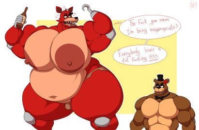 2boys anger_vein animatronic anthro ass bara bear belly big_nipples bobthetanuki bowtie breasts chubby chubby_anthro chubby_male drunk extrasizedbob five_nights_at_freddy's fnaf fox foxy_(fnaf) freddy_(fnaf) furry gay humanoid kemono male male_only muscular muscular_chest muscular_male nipples overweight overweight_male scottgames text yaoi