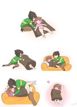 1boy barefoot bete_noire betty_noire brown_hair brown_pants chara closed_eyes couch female glitchtale green_shirt male male_chara not_paint panties pillow pink_hair pink_panties red_eyes repost short_hair sushi_roll_(meme) white_background white_pillow yellow_shirt