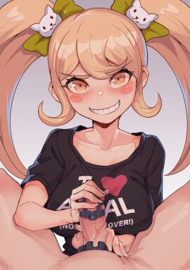 1boy 1girls big_breasts big_penis blonde_hair blush breasts chastity chastity_cage chastity_device clothed_female clothed_female_nude_male clothing danganronpa danganronpa_2:_goodbye_despair female femdom i_<3_canada i_love_anal jackrockhardt light-skinned_female light-skinned_male light_skin looking_at_viewer male male_pov malesub nude nude_male penis pov pov_eye_contact saionji_hiyoko smile