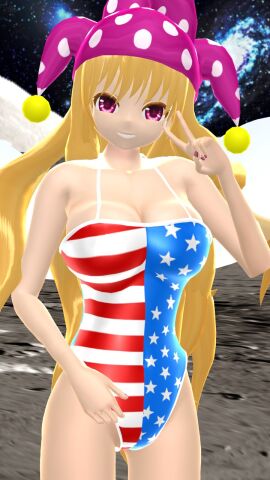 1girls 2023 3d american_flag_swimsuit blonde-haired_female breasts clavicle cleavage clownpiece cosmic_background fairy fairy_wings female galaxy hati_yukkuri_mmd jester_hat lampad legacy_of_lunatic_kingdom light-skinned_female light_skin long-haired_female looking_at_viewer mmd moon one_arm_up peace_sign pink_eyes smiling_at_viewer solo_female solo_focus stars stars_and_stripes swimsuit touhou waist wings