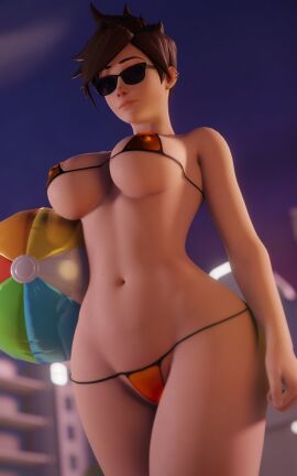1girls 3d beach_ball big_breasts bikini blizzard_entertainment breasts brown_hair female large_breasts nipple_bulge overwatch short_hair skimpy solo string_bikini sunglasses thelittleginny tinted_eyewear tracer underboob wide_hips