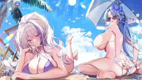 2girls alsace_(azur_lane) alsace_(heat-beating_summer_sacrament)_(azur_lane) ass azur_lane bare_shoulders barefoot beach beach_umbrella bikini bird blue_eyes blue_hair blue_sky blush breasts cg choker cleavage closed_mouth cloud collarbone copyright_name day feet female flower hair_between_eyes hair_flower hair_ornament halterneck holding huge_breasts large_breasts long_hair looking_at_viewer looking_over_eyewear lying mouth_hold multicolored_hair multiple_females multiple_girls ocean official_alternate_costume on_stomach outdoors palm_tree ponytail purple_bikini purple_eyes purple_hair sand scrunchie sideboob sidelocks silver_hair sitting skindentation sky smile soles streaked_hair string_bikini sunglasses swimsuit the_pose thighs thong_bikini tinted_eyewear toes tree umbrella unzen_(azur_lane) unzen_(sojourn_through_clear_seas)_(azur_lane) very_long_hair wariza white_bikini white_hair wrist_scrunchie
