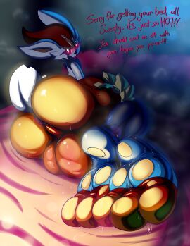 3_toes absurd_res anthro anus ass backsack balls bed big_balls big_butt bodily_fluids cinderace dialogue english_text feet femboy foot_focus furniture generation_8_pokemon genitals hi_res huge_balls huge_butt lagomorph looking_back lying maehdoggie male mammal nintendo on_side pokemon pokemon_(species) red_eyes scut_tail short_tail solo sweat sweaty_butt tail text toes