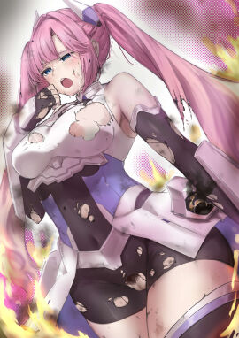 absurdres anyoji_hime arm_at_side bare_shoulders bike_shorts black_gloves black_shirt black_thighhighs blood_on_face blue_eyes blue_shirt blunt_bangs blush breasts cleft_of_venus commentary_request covered_navel cowboy_shot crying dirty dirty_clothes dirty_face dutch_angle elbow_gloves female female_pubic_hair fingerless_gloves gloves hair_intakes half-closed_eyes halftone halftone_background hand_up headgear highres hundred_brazil large_breasts link!_like!_love_live! long_hair looking_at_viewer love_live! nipple_slip nipples official_alternate_costume official_alternate_hairstyle open_mouth pink_background pubic_hair pussy shirt sleeveless sleeveless_shirt solo standing sweat teeth thighhighs torn_bike_shorts torn_clothes torn_gloves torn_shirt twintails two-tone_background two-tone_shirt uncensored upper_teeth vambraces very_long_hair virtual_youtuber waist_cape white_background white_shirt