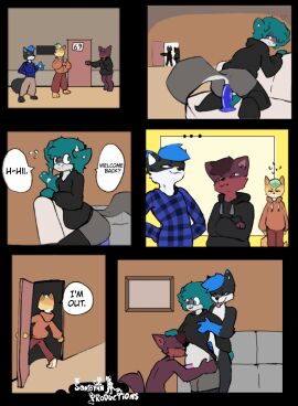 2025 2d_animation anal anal_sex animated anthro anus ass black_body black_fur blue_eyes canid canine closed_eyes clothed clothing comic dialogue dialogue_box dildo dildo_in_ass dildo_insertion embarrassed erection eyebrows felid feline fully_clothed fur gay genitals group licking male male/male mammal narrowed_eyes object_in_ass partially_clothed penetration penis riding_dildo sex_toy sex_toy_in_ass sex_toy_insertion simple_background smile sonofan standing tongue tongue_out white_body white_fur