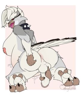 anthro areola avian bandage_on_beak beak belly big_belly big_breasts biped bird breasts collar digital_media_(artwork) futanari heart_areola hi_res huge_belly intersex joy_(shammy) looking_at_viewer looking_back looking_back_at_viewer masturbation moblie nipples non-mammal_breasts owl pregnant pregnant_futa pregnant_intersex rear_view solo spiked_collar spikes