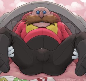 1boy 2024 bald bald_male black_pants bulge clothed clothing dr._eggman dr_robotnik dudebulge duo eggman facial_hair fat fat_belly fat_male gloves hands_on_legs human human_only jacket light-skinned_male light_skin looking_at_viewer male male_only mammal mature mature_male moustache overweight overweight_male pants red_jacket sega sitting smiling sonic_(series) sonic_the_hedgehog_(series) white_gloves