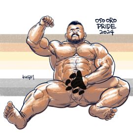 1boy bara bear_flag bear_pride_colors beard_stubble biceps completely_nude erection facial_hair fat fat_male flexing highres large_pectorals lgbt_pride looking_at_viewer male male_focus male_masturbation male_only masturbation mature_male muscular muscular_male nude original osooro paw_print paw_print_pattern pectorals penis pride_month raitokagami solo sparse_chest_hair spread_legs stubble thick_eyebrows thick_thighs thighs undercut unfinished yaoi