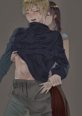 1boy 1girls abs acting_tough bishonen blonde-haired_male brown-haired_female brown_hair casual_clothes couple couple_(romantic) cuddling cute embarrassed embarrassed_male female femdom flustered_male gentle gentle_femdom grabbing_wrist green_eyes groping groping_from_behind kissing_from_behind kissing_neck male male_focus muscular muscular_male penis pretty_boy reaching_for_penis role_reversal secretly_loves_it six_pack skirt sweatdrop sweater sweatpants trembling trembling_for_pleasure tsundere veiny_hands wholesome