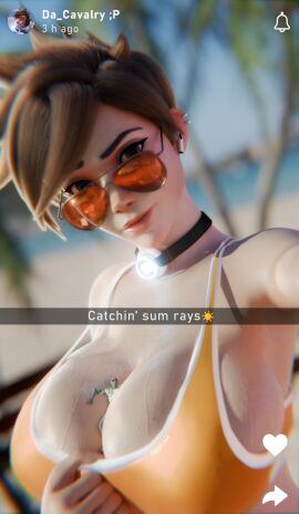 1boy 1girls 3d alternate_breast_size anonymous_male between_breasts big_breasts bikini blizzard_entertainment breasts brown-haired_female brown_hair brunette_hair collar female female_focus giantess glasses jimmy144 large_breasts lena_oxton light-skinned_female light_skin male overwatch overwatch_2 scrag_tracer snapchat social_media sunglasses swimsuit swimwear tracer trapped_between_breasts video_game_character