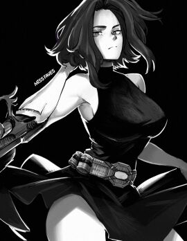 1girls 2024 2d 2d_(artwork) arm_cannon artist_name bare_shoulders belt black_and_white black_background boku_no_hero_academia breasts busty curvy dress female female_only kaina_tsutsumi lady_nagant looking_down_at_viewer missfaves monochrome my_hero_academia simple_background sleeveless_turtleneck_dress small_waist solo solo_female superheroine superpowers thighs utility_belt