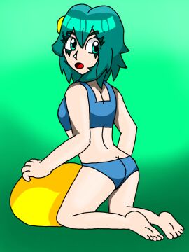 1girls ass back_view blue_underwear breasts feet female grikura_(character) looking_at_viewer looking_back short_hair simple_background small_breasts solo teal_hair turquoise_background turquoise_eyes