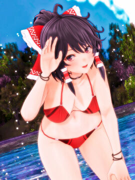 1girls 2023 3d bikini breasts cloud female frills human leaves light-skinned_female light_skin looking_at_viewer mmd neckwear outdoors red_bikini red_bow red_ribbon reimu_hakurei sky smiling_at_viewer solo_female solo_focus swimsuit touhou trees water yabuinu_mmder