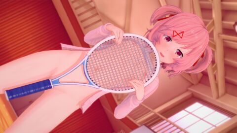 1girls 3d artist_request breasts breasts_out covered_pussy covering_crotch covering_pussy doki_doki_literature_club female female_only human human_only koikatsu light-skinned_female light-skinned_male light_skin looking_at_viewer male natsuki_(doki_doki_literature_club) pussy solo tennis_racket