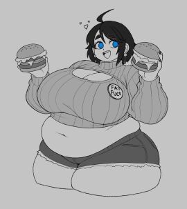 1girls belly big_belly big_breasts breasts burger champchidi chubby chubby_female crop_top fat female female_focus female_only food fully_clothed huge_breasts huge_thighs monochrome overweight short_shorts shorts smile solo thick_thighs