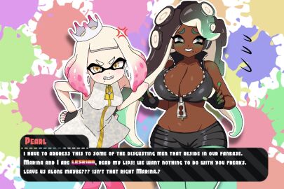 2girls bare_shoulders big_breasts blush breasts brown_hair cleavage clenched_teeth cropped_jacket crown dark-skinned_female dark_skin dialogue feet_out_of_frame female fingerless_gloves gradient_hair green_blush green_eyes green_hair green_legwear hands_on_hips inkling inkling_girl jacket large_breasts leaning_forward light-skinned_female light_skin long_hair marina_(splatoon) medium_breasts medium_hair midriff mole mole_under_mouth nervous nervous_smile nintendo octoling octoling_girl off_the_hook_(splatoon) pearl_(splatoon) pink_hair pink_legwear revision shorts simple_background sleeveless small_breasts splatoon splatoon_2 splatoon_3 sweatdrop tentacle_hair two-tone_hair unepicroachy unzipped white_hair wide_hips yellow_eyes zipper