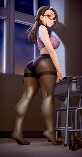 absurdres ass bare_arms bare_shoulders black_pantyhose black_shoes bra breasts brown-framed_eyewear brown_hair calves chair classroom commentary defined_calves desk earrings english_commentary evening female from_side full_body glasses half_updo high_heels highres indoors jacket jewelry kairuhentai kairunoburogu kneepits large_breasts large_variant_set long_hair looking_at_viewer miru_tights no_shirt okuzumi_yuiko panties panties_under_pantyhose pantyhose purple_bra purple_panties school_desk semi-rimless_eyewear shoes smile solo standing teacher thighband_pantyhose tiptoes under-rim_eyewear underwear unworn_jacket unworn_shoes variant_set window
