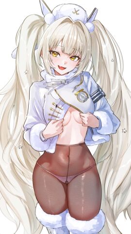 :d absurdres blanc_(fortune_express)_(nikke) blanc_(nikke) blonde_hair blush boots breasts brown_pantyhose cleavage covered_navel crop_top crotch_seam female fur-trimmed_boots fur-trimmed_collar fur-trimmed_sleeves fur_trim goddess_of_victory:_nikke gusset hair_intakes hair_ornament hat highres kunimoto_rikuya long_hair long_sleeves looking_at_viewer medium_breasts no_bra oerba_yun_fang open_mouth panties panties_under_pantyhose pantyhose pink_panties pom_pom_(clothes) pom_pom_hair_ornament skin_fang smile solo star_(symbol) star_hair_ornament thigh_boots twintails underwear very_long_hair white_boots white_hat yellow_eyes