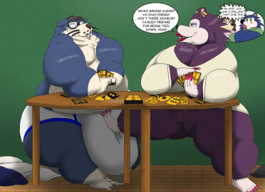 alythewolfcat animal_crossing anthro big_breasts big_bulge blush bottomless breasts briefs bulge clothed clothing clothing_aside duo english_text eyewear female freckled_breasts freckles furry glasses hi_res huge_breasts huge_bulge hyper hyper_bulge labelle_able lyle_(animal_crossing) mabel_able makeup male male/female morbidly_obese nintendo obese overweight overweight_female overweight_male sable_able strip_poker teasing text underwear wearing_glasses wide_hips