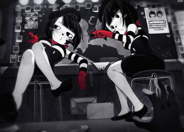 1boy 2girls :3 beret black_dress black_footwear black_hair black_headwear blurry_border blush blush_stickers bonbon_(derpixon) card chuchu_(derpixon) closed_mouth club_(shape) cosmetics counter dash_(derpixon) diamond_(shape) dress facial_mark female flats food gloves hat heart heart_facial_mark highres holding holding_brush holding_lipstick_tube leaning_back leaning_on_object leaning_to_the_side light_bulb lipstick lipstick_tube makeup makeup_brush male mime mime_and_dash mirror monochrome multiple_females multiple_girls najucaju_naju photo_(object) pizza playing_card poster_(object) reaching_towards_another red_gloves red_scarf scarf shoes short_hair signature sitting spade_(shape) spot_color star_(symbol) star_facial_mark stool striped_sleeves vent_(object) wanted