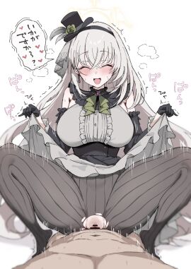 1boy absurdres ajimusatori ascot bar_censor black_gloves black_headband black_overskirt black_pantyhose blue_archive blush breasts censored center_frills clothes_lift commentary crossed_bangs detached_sleeves female flower frills gloves green_ascot green_flower green_rose grey_hair halo hat hat_flower headband highres idol idol_clothes large_breasts lifting_own_clothes long_hair m_legs mini_hat mini_top_hat no_panties official_alternate_costume pantyhose pov rose sakurako_(blue_archive) sakurako_(idol)_(blue_archive) sex skirt skirt_lift solo_focus spread_legs squatting squatting_cowgirl_position straight striped_clothes striped_pantyhose symbol-only_commentary top_hat torn_clothes torn_pantyhose trembling vaginal_penetration vertical-striped_clothes vertical-striped_pantyhose yellow_halo