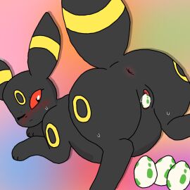 4_toes anus ass belly big_ass black_fur blush clitoris digital_media_(artwork) eeveelution egg egg_from_pussy egg_laying eyelashes female female_focus female_only furry generation_2_pokemon hi_res mammal nintendo nude one_eye_closed paws pokemon pokemon_(species) pokemon_egg pregnant pussy pussy_juice raised_tail rear_view red_eyes ring_(marking) simple_background solo spread_legs sweat tagme umbreon uncensored yellow_fur