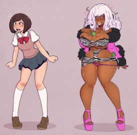 1girls ass_expansion before_and_after beltskirt bimbo bimbo_body bimbo_lips bimbofication bimbofied blue_eyeshadow breast_expansion breast_growth breast_growth_(enlargement) breasts choker clothing dark-skinned_female dark_skin earmuffs ebonization eye_color_change eyeshadow feet female full_lips fur gyaru gyarufication hair_color_change hair_growth high_heels kogal large_breasts lip_expansion lipstick long_fingernails long_hair makeup microskirt miniskirt nail_polish nipples open_toe_shoes panties pink_lipstick pink_nail_polish race_swap school_uniform schoolgirl skirt smooth_skin thick_thighs thigh_expansion thigh_highs thong_above_skirt thong_straps toeless_legwear toes topless transformation wide_hips wrenzephyr2